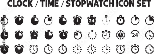Clock , time , stopwatch icon mega set , Collection of diverse flat vector icons for time management, stopwatch, and alarm clock functions, 