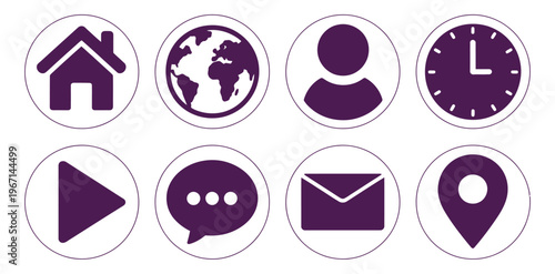 Eight purple and white circular icons representing contact information and services, scalable vector illustrations on transparent background, suitable for digital platforms, marketing materials, 
