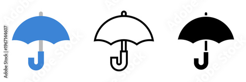 傘アイコンセット 雨・天気を表すシンプルなカラー・線画・シルエットUIベクター素材 / Umbrella icon set rain weather symbol simple outline silhouette vector