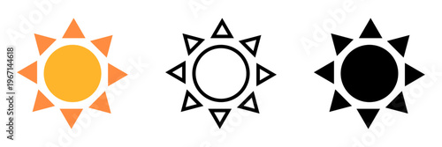 太陽アイコンセット 三角光線のサンシンボル 天気・晴れを表すシンプルUIベクター素材 / Sun icon set triangle rays sunny weather symbol simple UI vector
