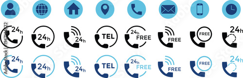 Business card icon set, 24 hours Icon. contact information icon. Contact icon set. Vector. 24-hour service icon with Contact icon
