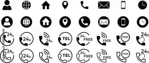 Contact icon set with 24 hours Icon Service. Business card icon set, contact information icon. Phone, mail, fax, info, e-mail. Vector illustration
