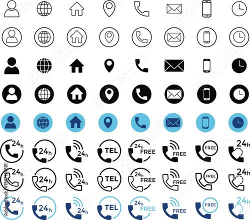 Contact icon set with 24 hours Icon Service. Business card icon set, contact information icon. Phone, mail, fax, info, e-mail. Vector illustration
