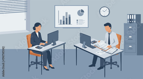 Business professionals analyzing data in a modern office environment illustration
