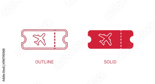 Vector airplane ticket icons in outline and solid styles for travel concepts