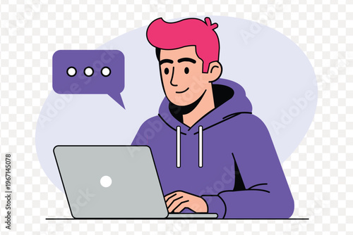 Young man with pink hair working on a laptop, speech bubble above, flat design vector illustration.
