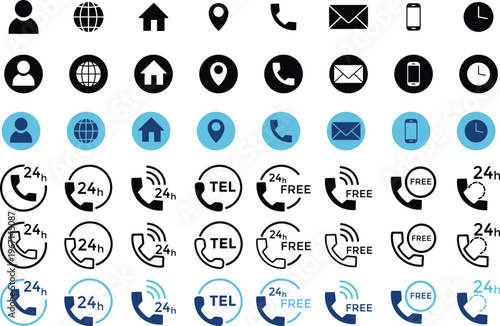 Contact icon set with 24 hours Icon Service. Business card icon set, contact information icon. Phone, mail, fax, info, e-mail. Vector illustration
