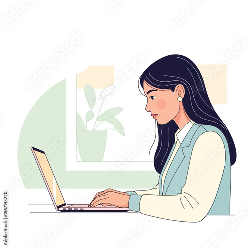 Flat Vector Woman Working on Laptop – Remote Work, Productivity, Modern Office Lifestyle Illustration 