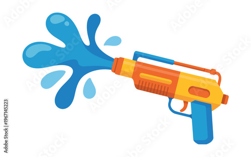 Colorful cartoon water gun shooting blue water splash for Songkran festival celebration isolated vector illustration