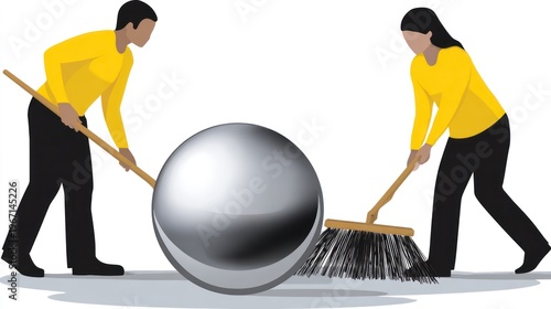 Wallpaper Mural Silhouette couple cleaning; sweeping floor and moving silver sphere on a white background Torontodigital.ca