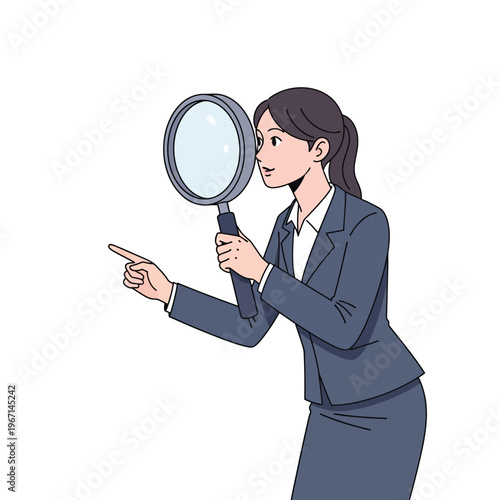 Flat Vector Businesswoman Analyzing with Magnifying Glass – Research and Problem Solving Concept 