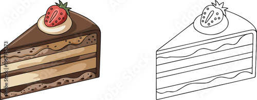 Chocolate cake illustration & outline set isolated on transparent background  