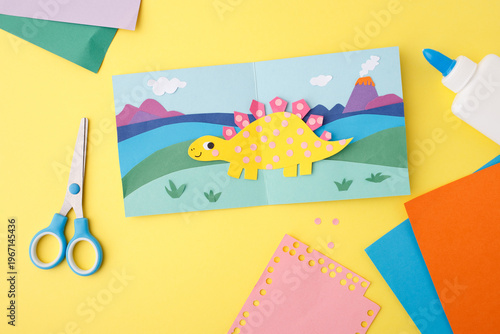 Dinosaur paper craft greeting card for kids education primary school creative hobby activity pre-school learning material kindergarten art project teaching resource childcare service stationary brand.