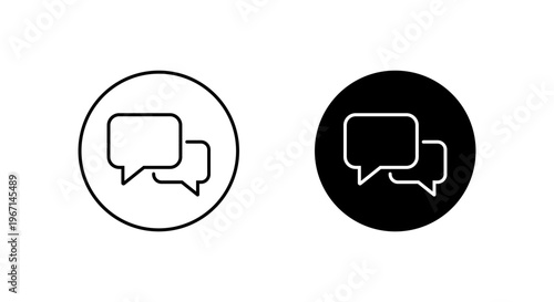 Speech bubble chat outline icon in black circle. Conversation message symbol