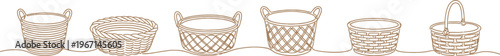 Minimalist Wicker Basket Line Art Set, Organic Woven Rattan Containers 