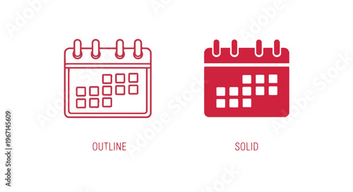 Vector calendar icons in outline and solid styles for organization and planning