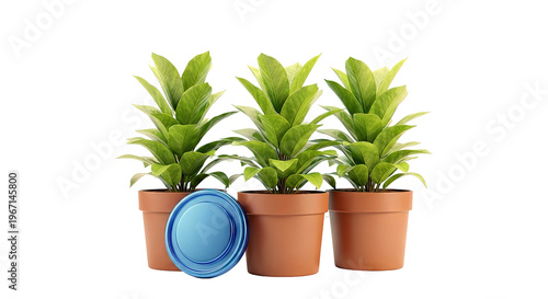 Three potted plants and a blue disc against a white background