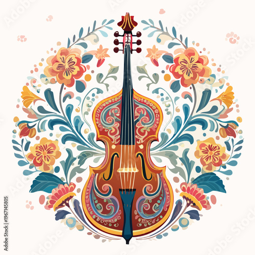 Decorative upright bass surrounded by colorful floral elements on white background