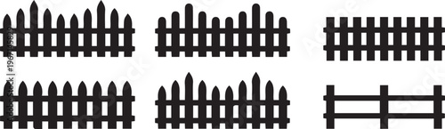 black fence icon set picket ranch farm silhouette flat design garden boundary property home rural landscape symbol isolated background.
 