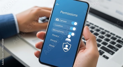 Person managing app permissions and data privacy on smartphone