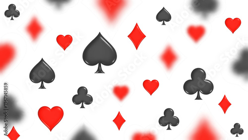 Floating suit symbols hearts, diamonds, clubs, and spades drift over a white background with varying sizes. Vector illustration