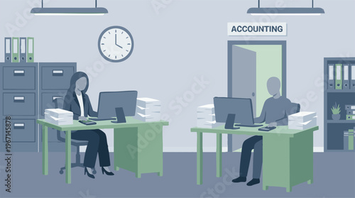 Accountants working on computers in a modern office with documents