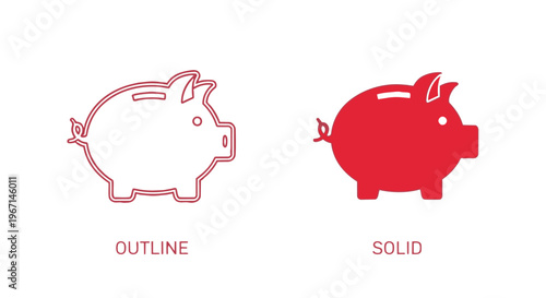 Red piggy bank icons in outline and solid styles for saving money