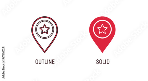 Vector icons of outline and solid star map pin location symbols