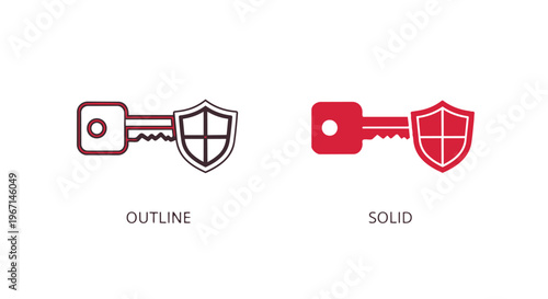 Vector icons of key and shield in outline and solid style for security concepts