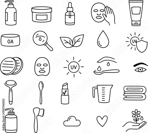 Skincare and Beauty Line Icon Set Featuring Facial Mask Serum Dropper Sunscreen Jade Roller
