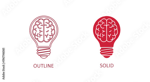Red light bulb brain icons in outline and solid style