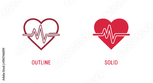 Heartbeat icon set, medical pulse symbol, electrocardiogram line, vector illustration