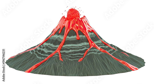 Volcano erupting molten lava and ash on a white background