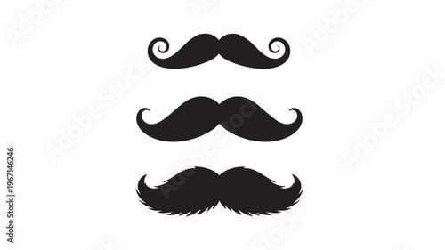 Mustaches black silhouette icons with elegant curls and bristly edges, symbolizing facial hair styles.