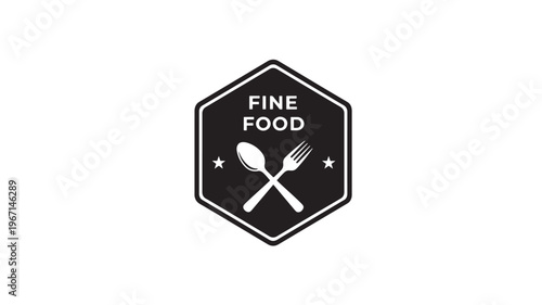 Spoon and fork crossed within a black hexagonal badge with "FINE FOOD" text and stars, representing culinary excellence and fine dining.