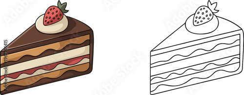 Chocolate cake illustration & outline set isolated on transparent background  