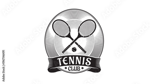 Tennis rackets crossed over a tennis ball within a circular emblem with radiating lines, featuring the words 'Tennis Club' on a banner below.