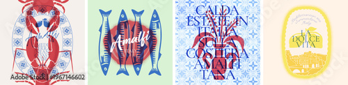 Amalfi summer square banner set. Mediterranean pattern and icons. Italian lobster, crab and sardine. Vintage coastal blue tiles. Italian text translation: Sweet life, Summer in Italy on Amalfi Coast.