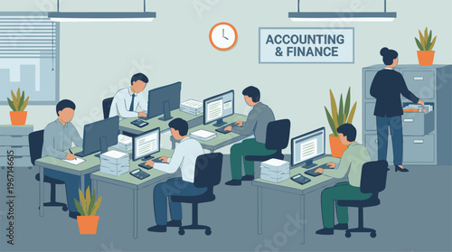 Accounting and finance team working in a modern office environment