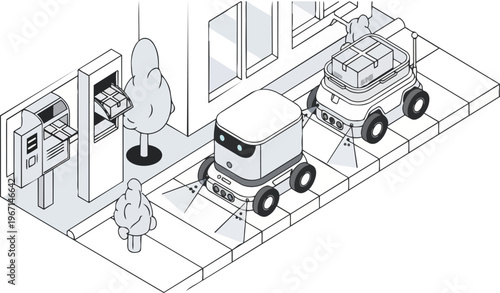 Autonomous Delivery Robots in Smart City Isometric Line Art Illustration for Last-Mile Logistics and Future Urban Infrastructure Concept