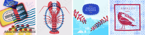 Mediterranean pattern on Italian summer square banners. Amalfi lobster, sardine and tomato and vintage Positano picnic elements. Italian text translation: Sweet life, Summer in Italy on Amalfi Coast.