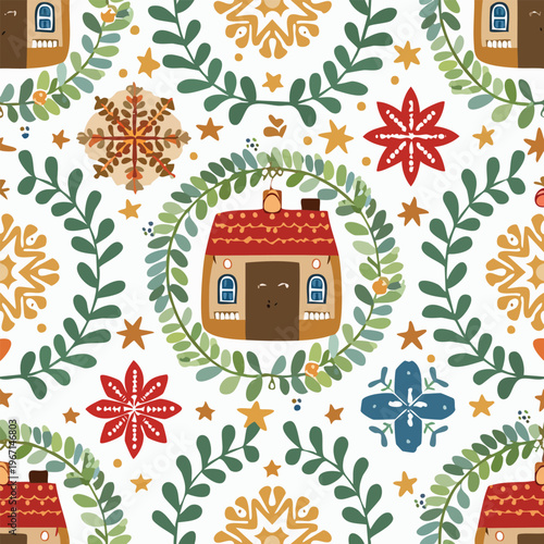 Festive holiday pattern house and floral elements on white background