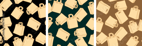 set of eco friendly paper shopping bags seamless patterns with handles on black emerald green and brown craft backgrounds