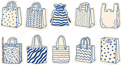 blue hand drawn eco bags and reusable shopping tote set with geometric prints and patterns isolated on white for sustainable design