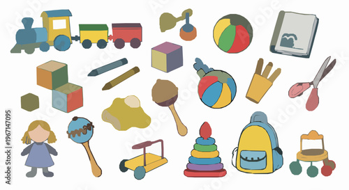 Cute kids toys and kindergarten doodle set with playful hand drawn baby items and school equipment vector illustration