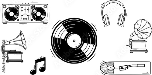 Cartoon vinyl or lp icon symbol. dj symbol. retro vinyl record album. Old music plate doodle. Phonograph, audio disk for turntable. Music player, analog music recording. Gramophone label and badge