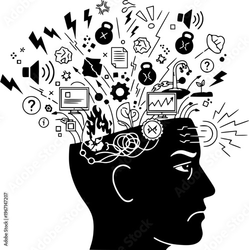 Overstimulation on work. A mind that becomes too full due to excessive noise, frustration, stress, images, or information overload. Feeling angry, tired, or stressed. Migraine, burnout or mental tensi