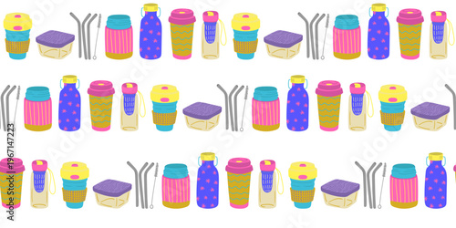 reusable eco friendly zero waste lifestyle items seamless pattern with water bottles coffee cups metal straws and lunch boxes on white background