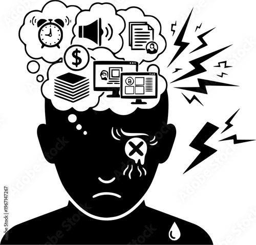 Overstimulation on work. A mind that becomes too full due to excessive noise, frustration, stress, images, or information overload. Feeling angry, tired, or stressed. Migraine, burnout or mental tensi
