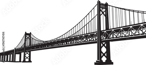 Black silhouette of a suspension bridge white background
